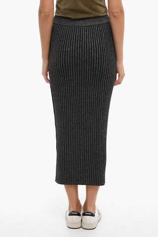 Ribbed Lurex Maxi Sheath Skirt with Side Buttons