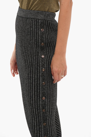 Ribbed Lurex Maxi Sheath Skirt with Side Buttons