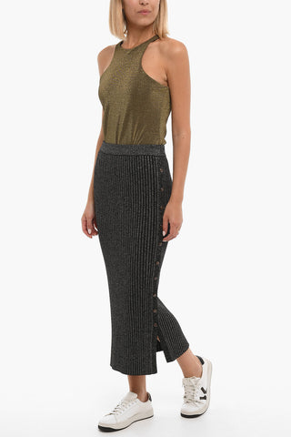 Ribbed Lurex Maxi Sheath Skirt with Side Buttons