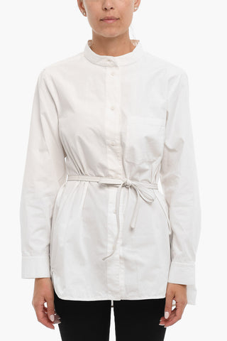Cotton Shirt with Mandarin Collar and Belt