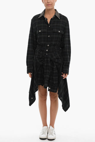  Checked Cotton Flannel D-JANICE Asymmetrical Shirt Dress with Denim Collar 