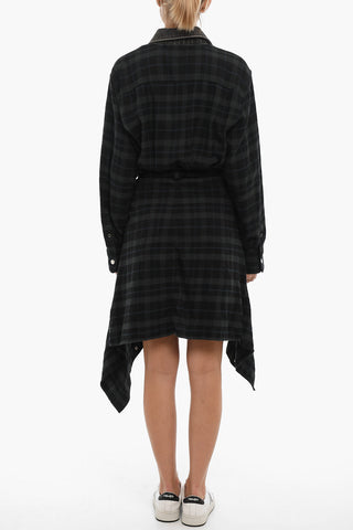  Checked Cotton Flannel D-JANICE Asymmetrical Shirt Dress with Denim Collar 