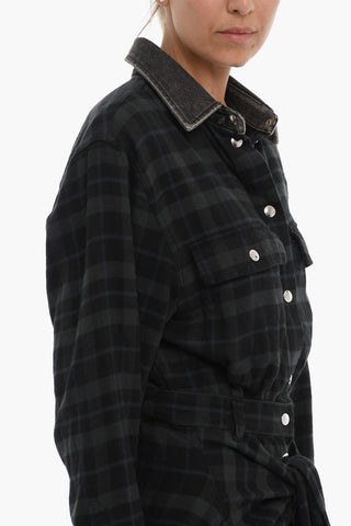  Checked Cotton Flannel D-JANICE Asymmetrical Shirt Dress with Denim Collar 