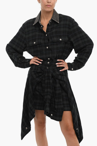  Checked Cotton Flannel D-JANICE Asymmetrical Shirt Dress with Denim Collar 