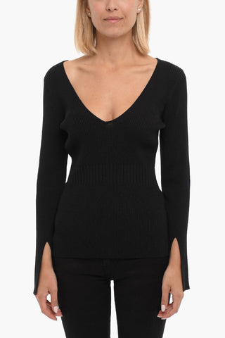 Maglia CHRISTINE Leggera a Costine con Maxi Scollo a V E Spacco Sulla Manica