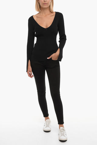 Maglia CHRISTINE Leggera a Costine con Maxi Scollo a V E Spacco Sulla Manica