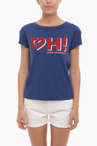 LOVE T-Shirt Girocollo con Dettaglio Strass