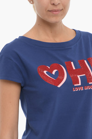 LOVE T-Shirt Girocollo con Dettaglio Strass
