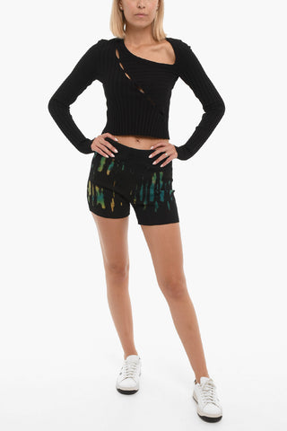 Ribbed Biker Shorts with Acid Wash Effect Details