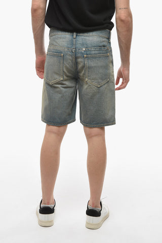 Vintage-effect Denim Shorts with Metal Logoed Application
