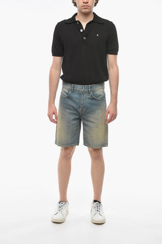 Vintage-effect Denim Shorts with Metal Logoed Application