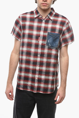 Linen Shirt with Check Pattern and Denim Chest Pocket