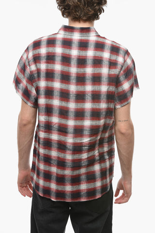 Linen Shirt with Check Pattern and Denim Chest Pocket