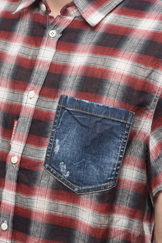 Linen Shirt with Check Pattern and Denim Chest Pocket