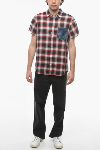 Linen Shirt with Check Pattern and Denim Chest Pocket