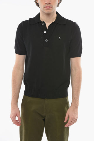 Fine Knitted Polo with Spread Collar and Embroidery