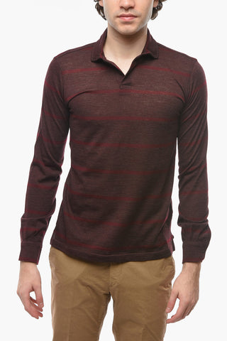Virgin Wool Long-sleeved Polo Shirt with Striped Pattern