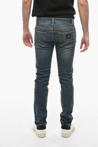 DENIM Stone-washed Skinny Jeans with Logoed Plate