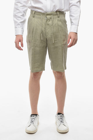 ID Linen Double-pleated Shorts with Waist Drawstring