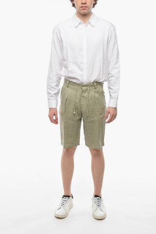ID Linen Double-pleated Shorts with Waist Drawstring