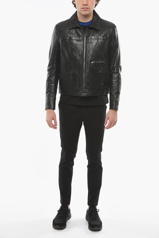 Leather Zip-up Jacket with Multipocket