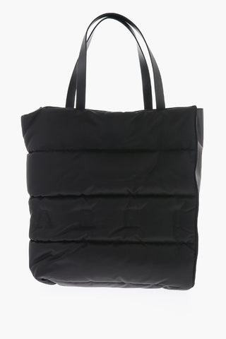 Solid Color Leather and Fabric Tote Bag