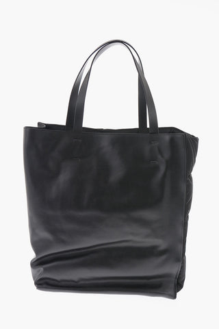 Solid Color Leather and Fabric Tote Bag