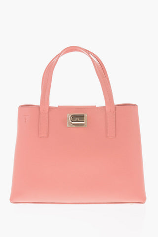 Textured Leater Handle Top Bag with Golden Effect Twist Closure
