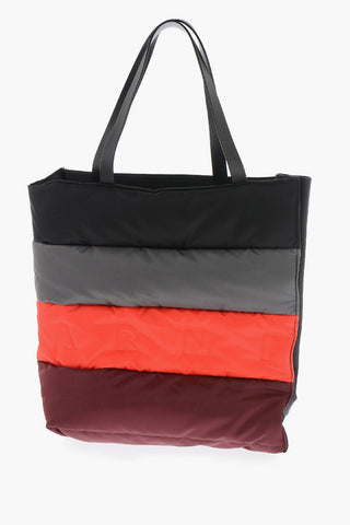 Color Block Leather and Fabric Tote Bag
