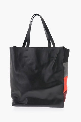 Color Block Leather and Fabric Tote Bag
