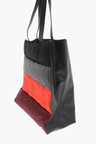 Color Block Leather and Fabric Tote Bag