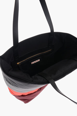 Color Block Leather and Fabric Tote Bag