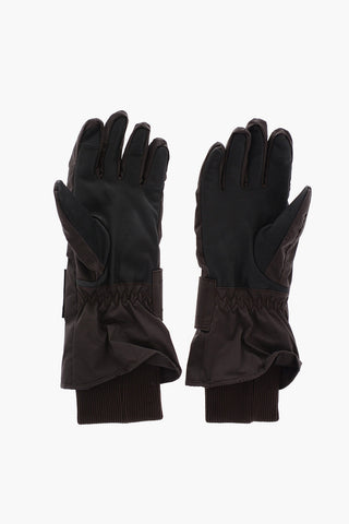 Technical Fabric and Leather Long Ski Gloves with Touch Strap Closure