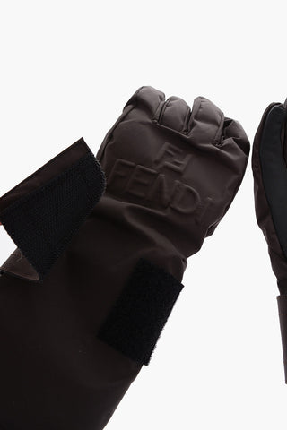 Technical Fabric and Leather Long Ski Gloves with Touch Strap Closure