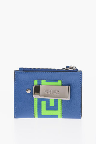 Textured Leather Card Holder with Greek Motif Details