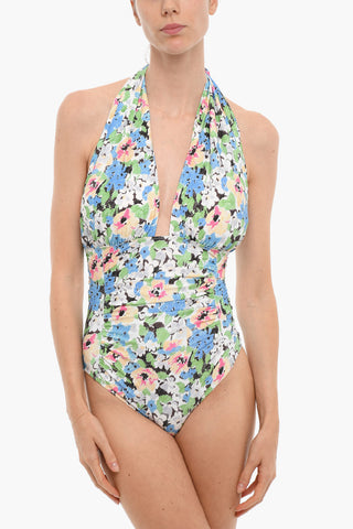 Floral Patterned One Piece Halter Swimsuit