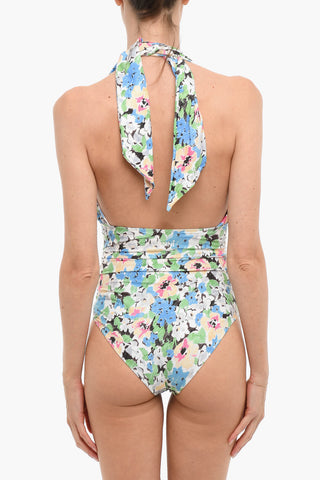 Floral Patterned One Piece Halter Swimsuit