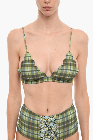 Plaid Motif SANTA CLARA Triangle Bikini Top with Scalloped Edge