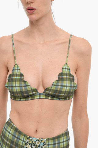 Plaid Motif SANTA CLARA Triangle Bikini Top with Scalloped Edge