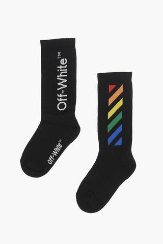Ribbed Long Socks with Contrasting Logo Embroidery