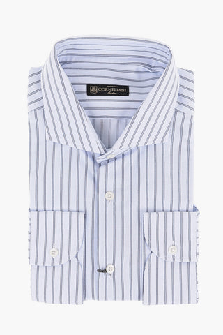 Standard Collar Cotton Shirt with Balanced Stripe Motif