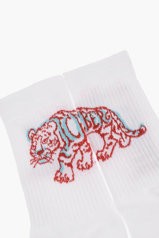 Ribbed Long Socks with Tiger Embroidery