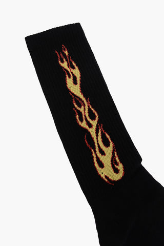 Cotton Long Socks  with Embroidery Flames