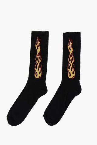 Cotton Long Socks  with Embroidery Flames