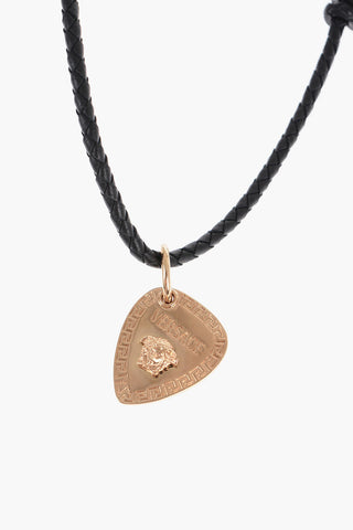 Braided Leather Necklace with Medusa Motif Golden Effect Pendant