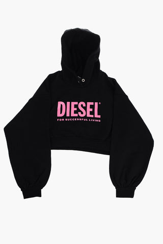 Felpa Crop in Cotone Garzato con Cappuccio e Logo Stampato