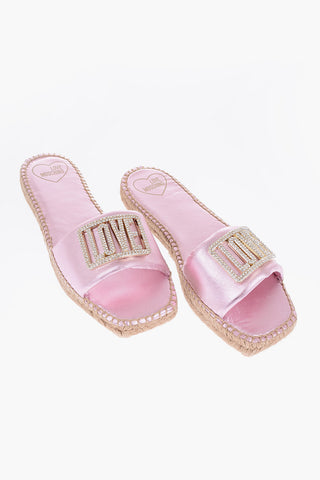 LOVE Laminated Leather Sandals with Rhinestone Logo Detail and Raffia Sole