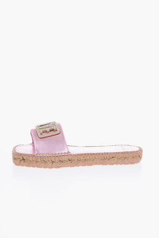 LOVE Laminated Leather Sandals with Rhinestone Logo Detail and Raffia Sole