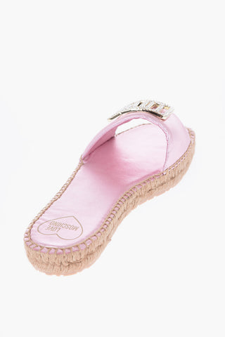 LOVE Laminated Leather Sandals with Rhinestone Logo Detail and Raffia Sole