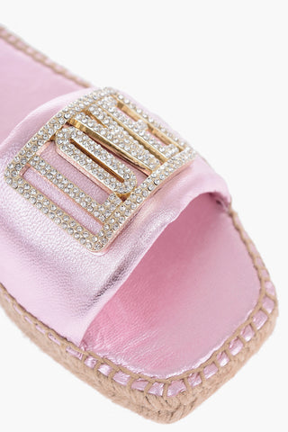 LOVE Laminated Leather Sandals with Rhinestone Logo Detail and Raffia Sole